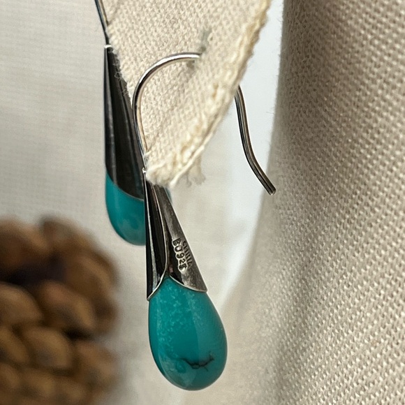 Vintage 925 Sterling Silver and Turquoise Teardrop Earrings - Picture 6 of 12